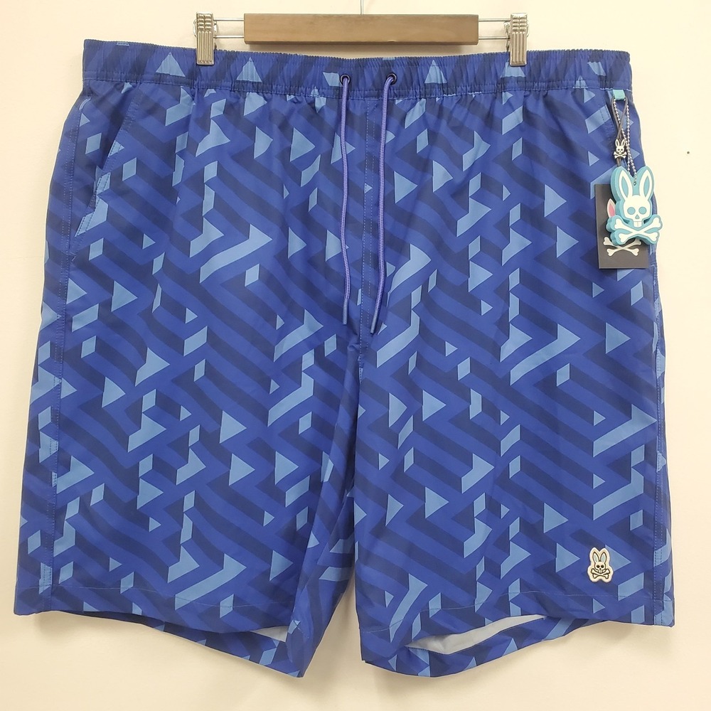 Psycho Bunny Mens Pisani Swim Trunks Size‎ 2XL Blue Geometric Vacation Beach Sea